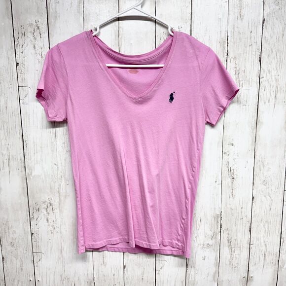 Polo Ralph Lauren Blouse Women Size Medium Logo V-Neck Short Sleeve Tee Shirt - Picture 1 of 5